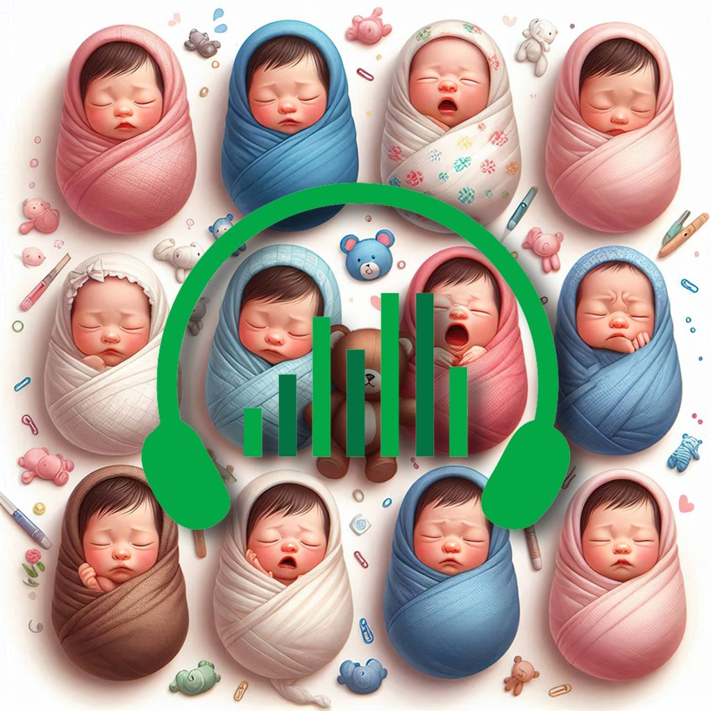 SFX library for baby sounds: twelve swaddled infants on toys, colorful blankets, green headphone overlay—Sonniss preview.