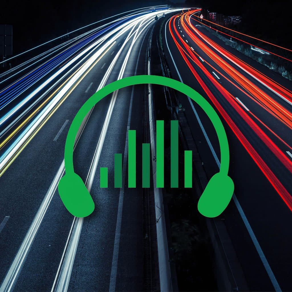 A green headphone and equalizer icon highlights a highway scene, representing an automotive sound effects library on Sonniss.