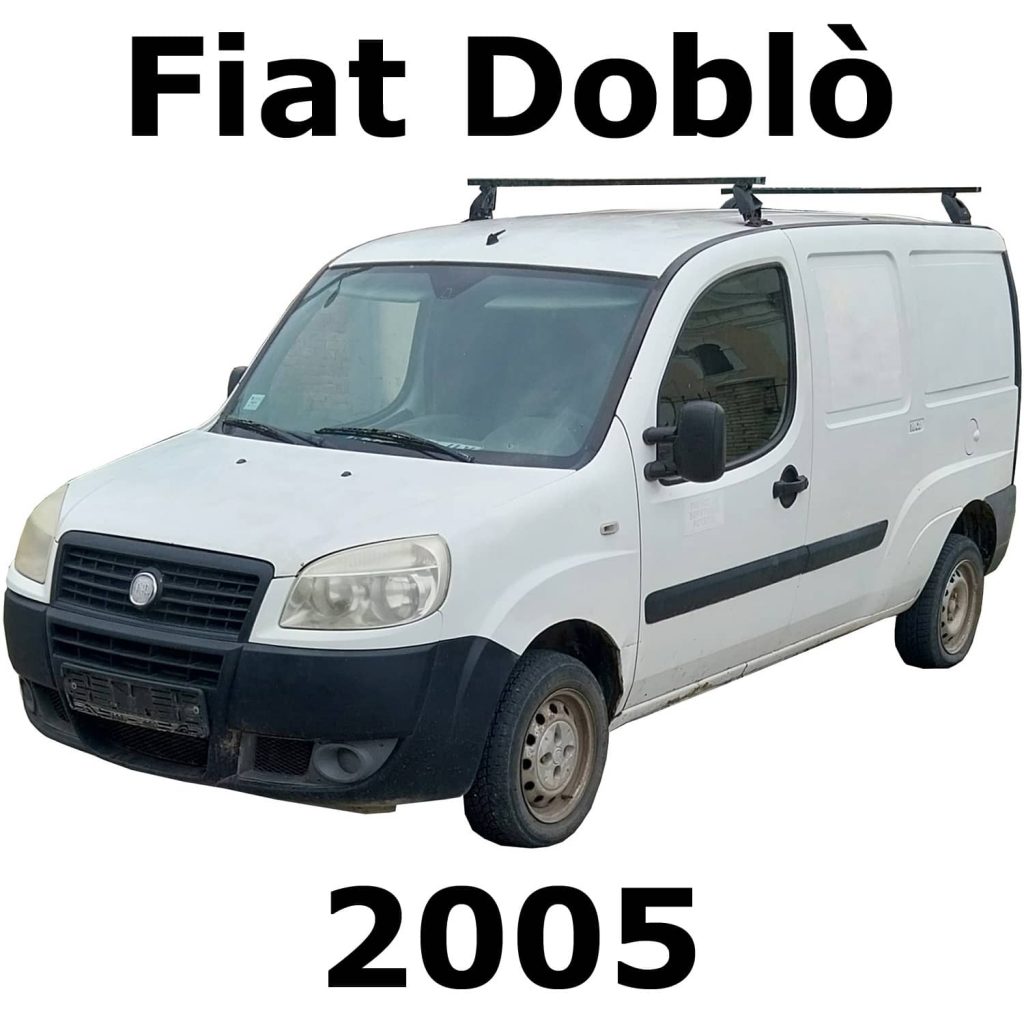 A white 2005 Fiat Doblò van for vehicle sound effects library on Sonniss, front left view, “Fiat Doblò 2005” visible.