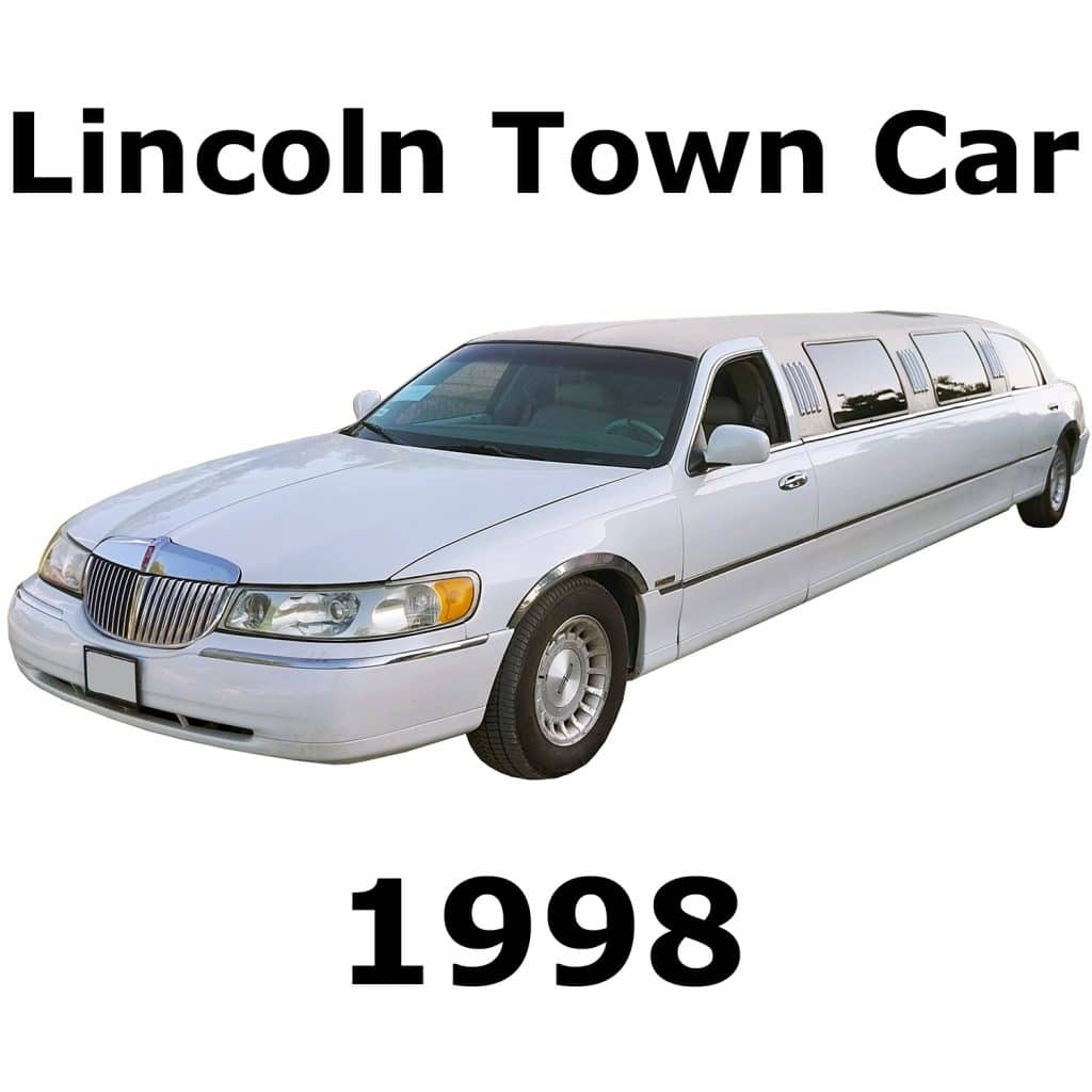 A white 1998 Lincoln Town Car stretch limousine for car door sound effects library on Sonniss, labeled with model and year.