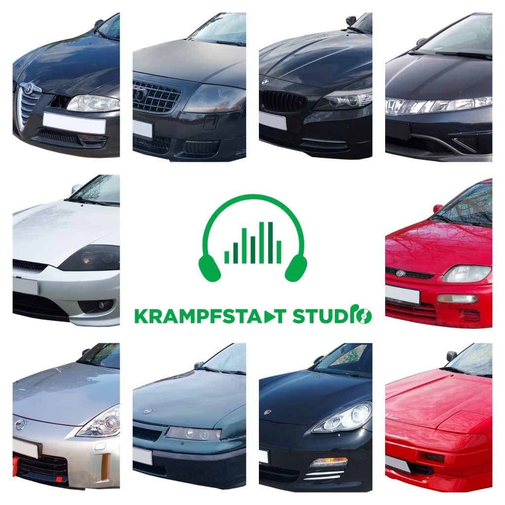 A collage of ten car front views encircling the "Krampfstadt Studio" logo promotes a car sound effects library on Sonniss.
