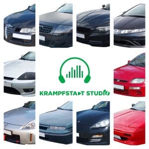 A collage of ten car front views encircling the "Krampfstadt Studio" logo promotes a car sound effects library on Sonniss.