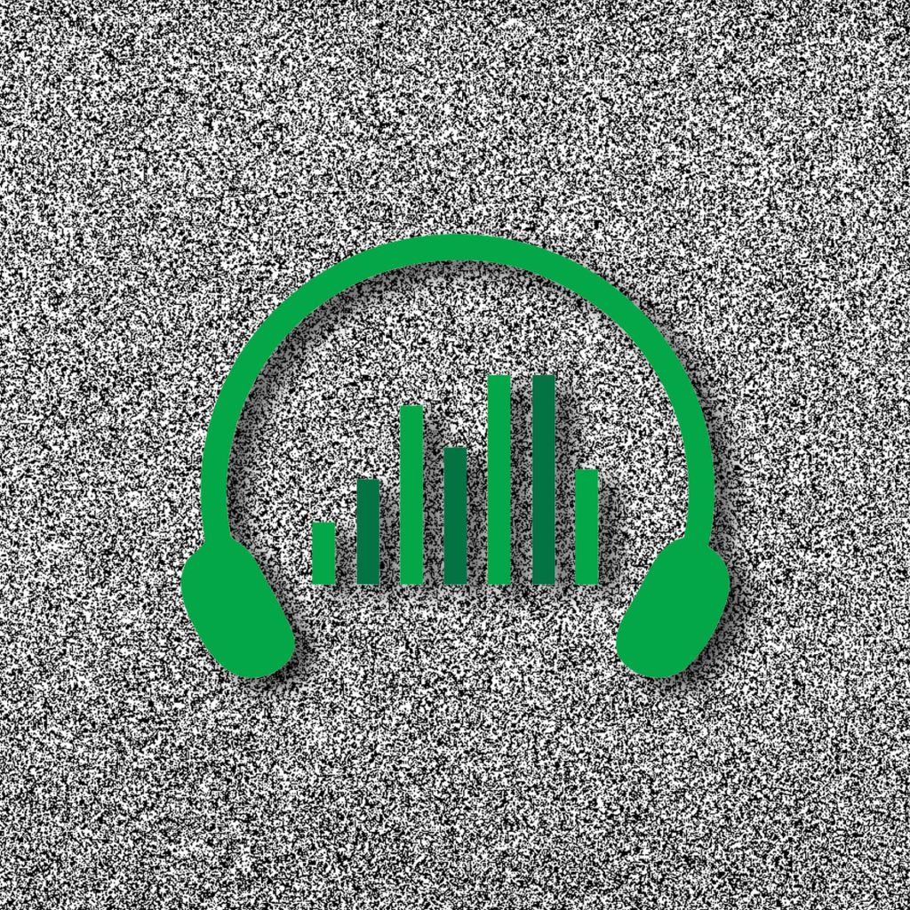 Green headphones icon with a bar graph, over TV static—image of a sound effects library on Sonniss for audio production.