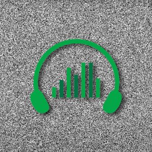 Green headphones icon with a bar graph, over TV static—image of a sound effects library on Sonniss for audio production.