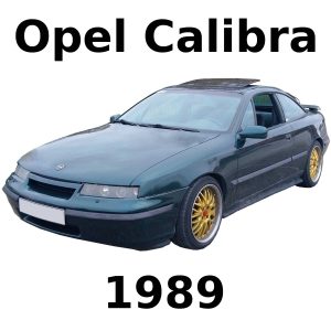 A dark green 1989 Opel Calibra coupe, gold rims, front left view—image for vehicle sound effects library on Sonniss.