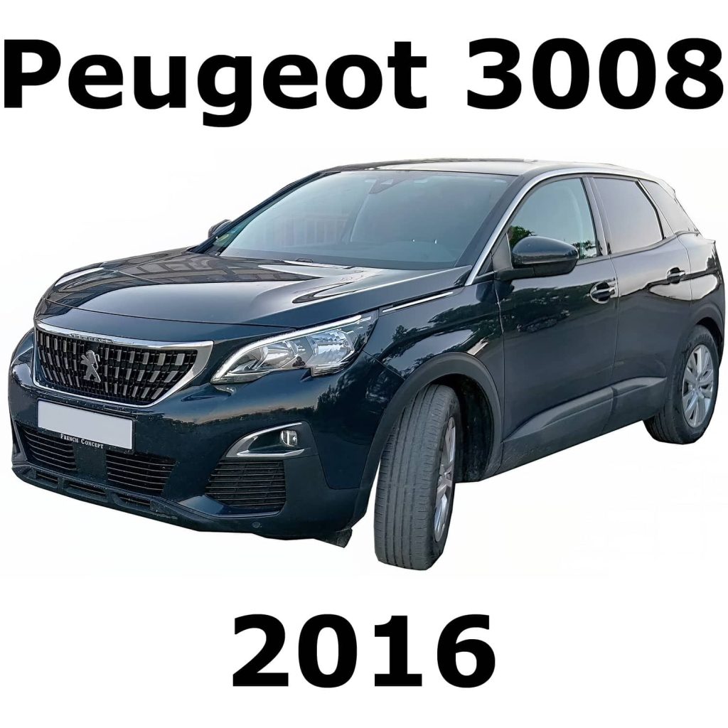 A black 2016 Peugeot 3008 SUV, front side view, featured for automotive sound library reference on Sonniss.