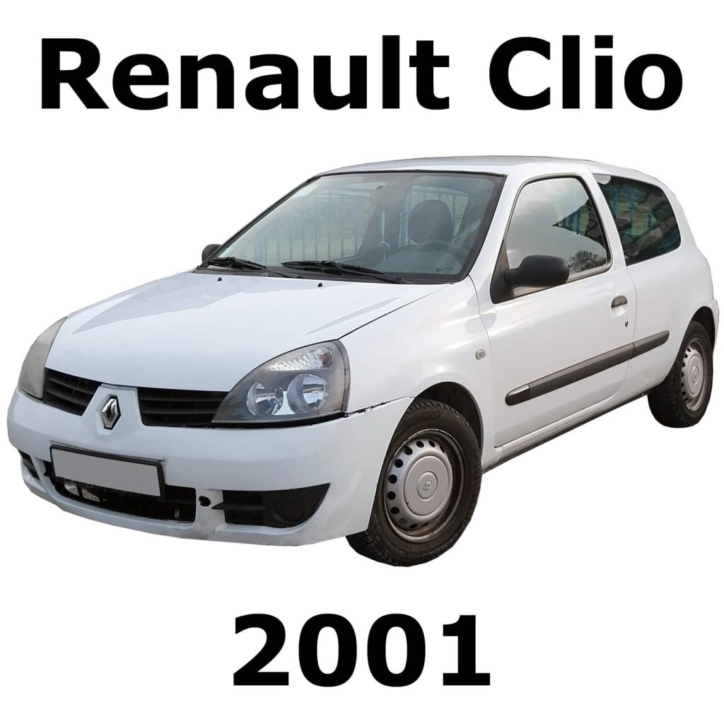 Image of a 2001 Renault Clio hatchback for Sonniss car sound effects library, labeled with model and year in bold text.