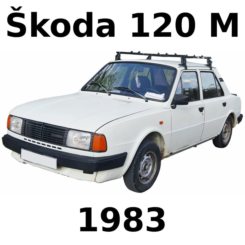 White Škoda 120 M car with roof rack, 1983, front view—perfect for retro car sfx library on Sonniss.