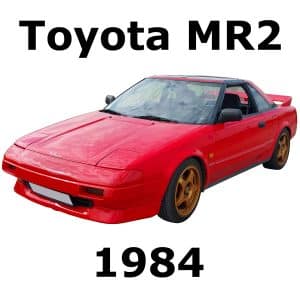 A red 1984 Toyota MR2 for car engine sound effects library on Sonniss, front left view, "Toyota MR2" and "1984" text.