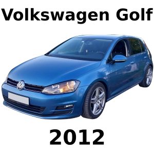 A blue 2012 Volkswagen Golf hatchback, shown for automotive sfx library use on Sonniss; model/year labeled above and below.