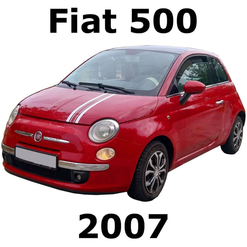 A red 2007 Fiat 500 with white racing stripes, promoting car sound effects library on Sonniss for vehicle SFX needs.