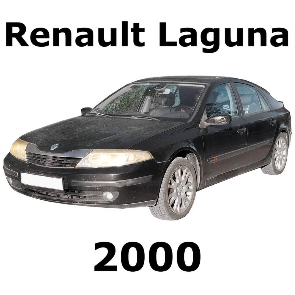 A black 2000 Renault Laguna sedan shown with large labels, illustrating car sound effects library for Sonniss users.