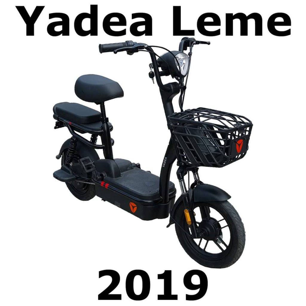 Black Yadea Leme electric scooter 2019 for sfx library cover on Sonniss, shown with front basket and rear seat, white background.