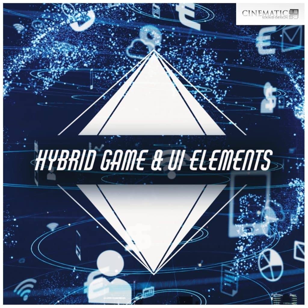 A digital graphic for a hybrid game sfx library on Sonniss, showing a pyramid, tech symbols, and currency icons on blue.