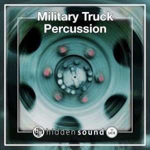 Motion-blurred close-up of a military truck wheel with "Military Truck Percussion" for a military vehicle sfx library on Sonniss.