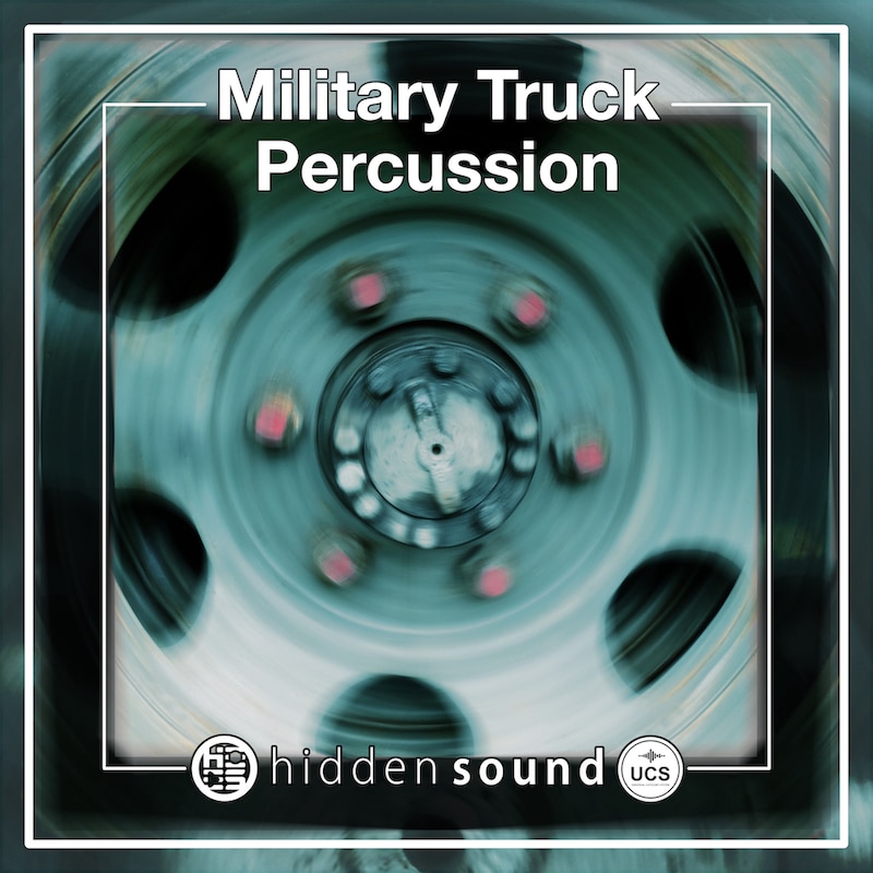 Motion-blurred close-up of a military truck wheel with "Military Truck Percussion" for a military vehicle sfx library on Sonniss.