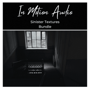 A dimly lit staircase in an old building; promo for “In Motion Audio Sinister Textures Bundle” sfx library on Sonniss.