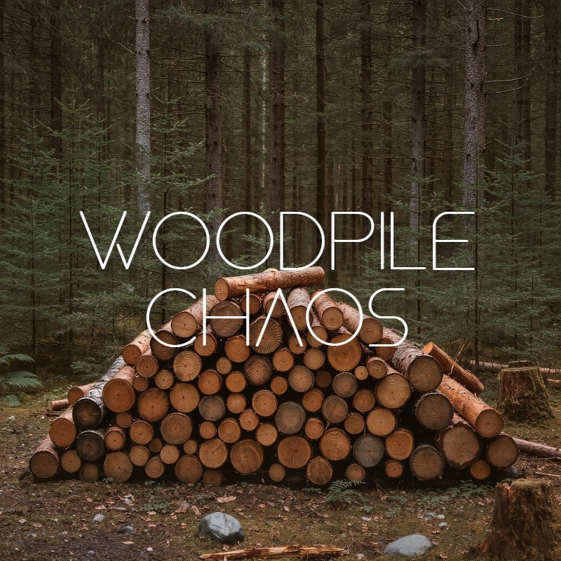 A neatly stacked pile of logs in a forest, "WOODPILE CHAOS" text—image for wood splitting sound effects library on Sonniss.