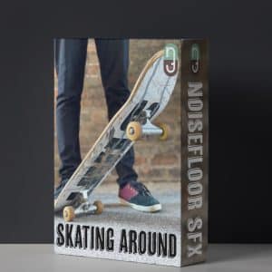 A sound effects library box for skateboarding SFX on Sonniss, showing a person with skateboard by a brick wall.