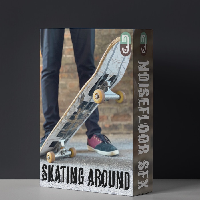 A sound effects library box for skateboarding SFX on Sonniss, showing a person with skateboard by a brick wall.