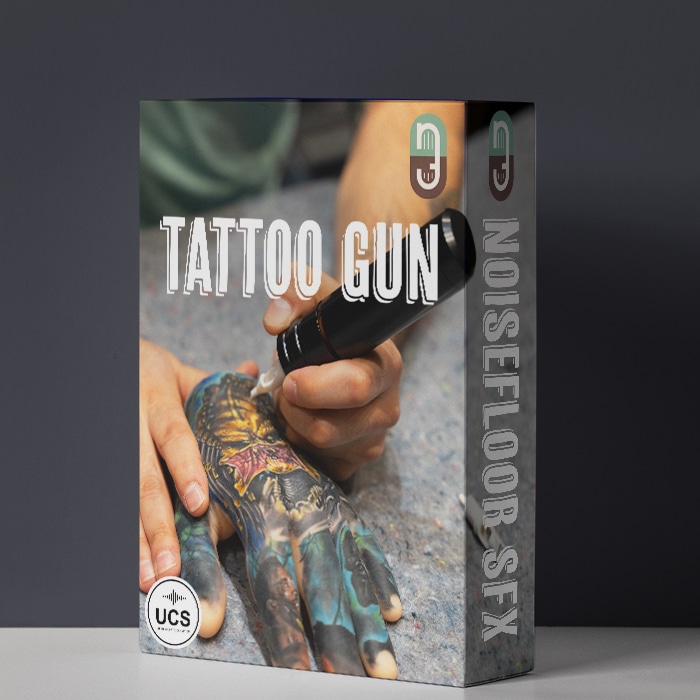 A product box labeled "Tattoo Gun" with a tattoo artist, shown as a tattoo machine sound effects library on Sonniss.