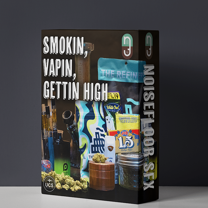 A sound effects library box on Sonniss labeled "SMOKIN, VAPIN, GETTIN HIGH" with cannabis and smoking gear visuals.