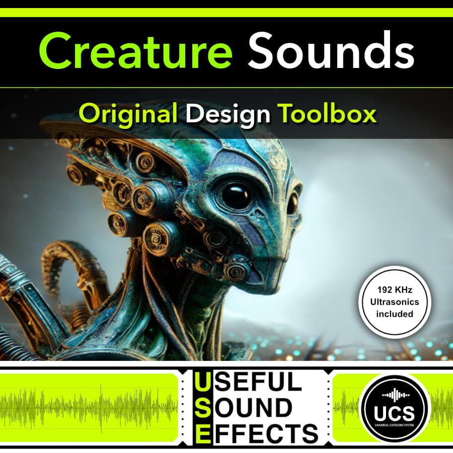 A mechanical alien with detailed metal parts is shown on the cover of a creature sound effects library on Sonniss.