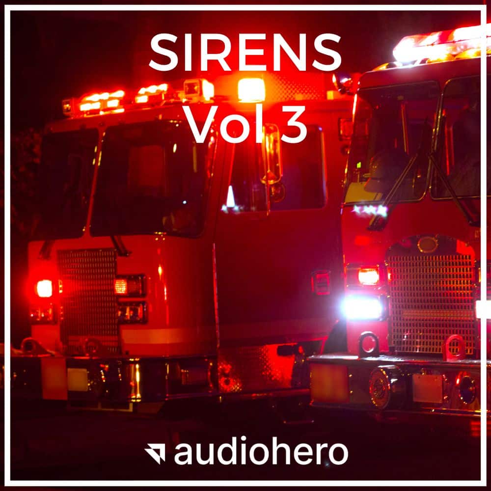 Night scene with two fire trucks, flashing lights. "SIRENS Vol 3" cover for emergency vehicle sound effects library on Sonniss.