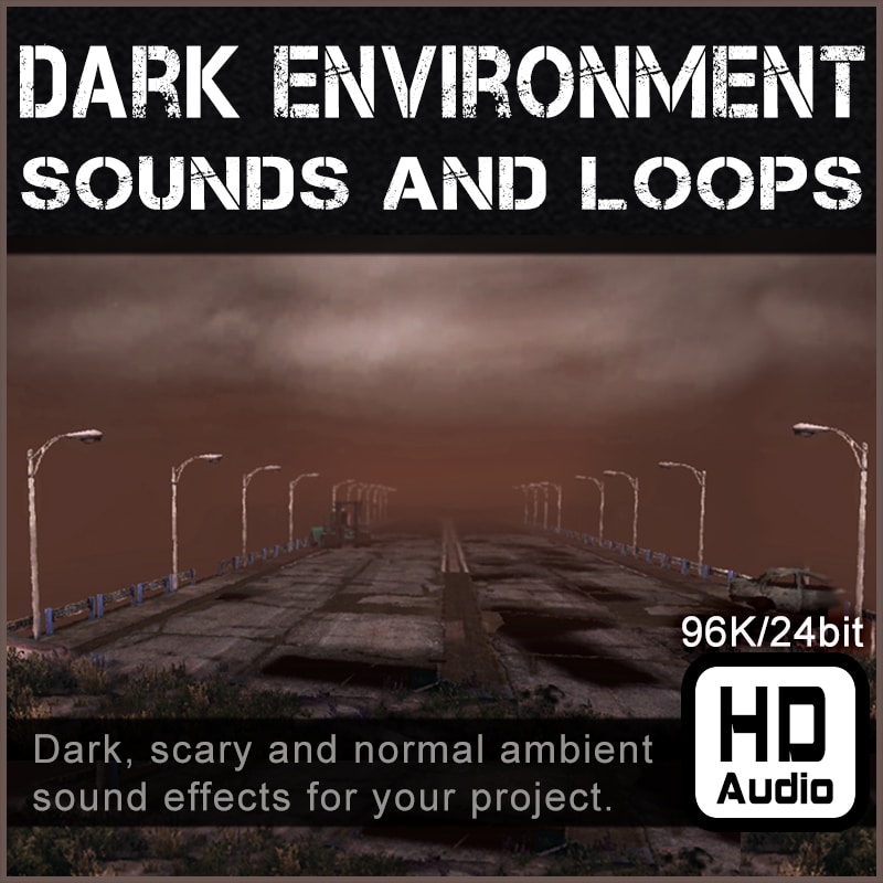 A dark, foggy road under a cloudy sky with text promoting a sound effects library for ambient dark environment SFX on Sonniss.