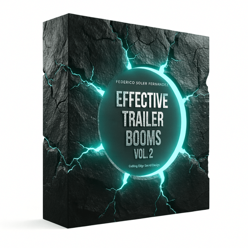 An sfx library box for “Effective Trailer Booms Vol. 2” on Sonniss, with a cracked black look and glowing teal circle.