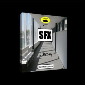 A 3D-rendered SFX Library Indoor Backgrounds box for Sonniss, ideal for indoor ambient sound effects and atmospheres.