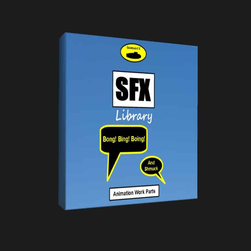 Blue box labeled "SFX Library" with cartoon sounds, subtitle "Animation Work Parts"—sound effects library on Sonniss.