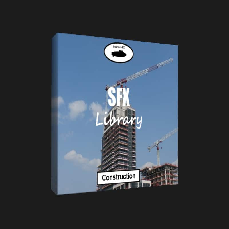 A mid-rise building under construction with cranes, "Sound Effects Library" and "Construction" text shown—Sonniss collection.