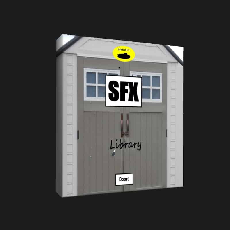 A sound effects library box labeled "SFX Library Doors" with double shed doors image and yellow "Quick SFX FX" sticker on Sonniss.