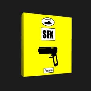 A yellow box labeled "SFX" with gun icon, titled "Gunshots FX Firearms" sfx library for Sonniss sound effects searches.