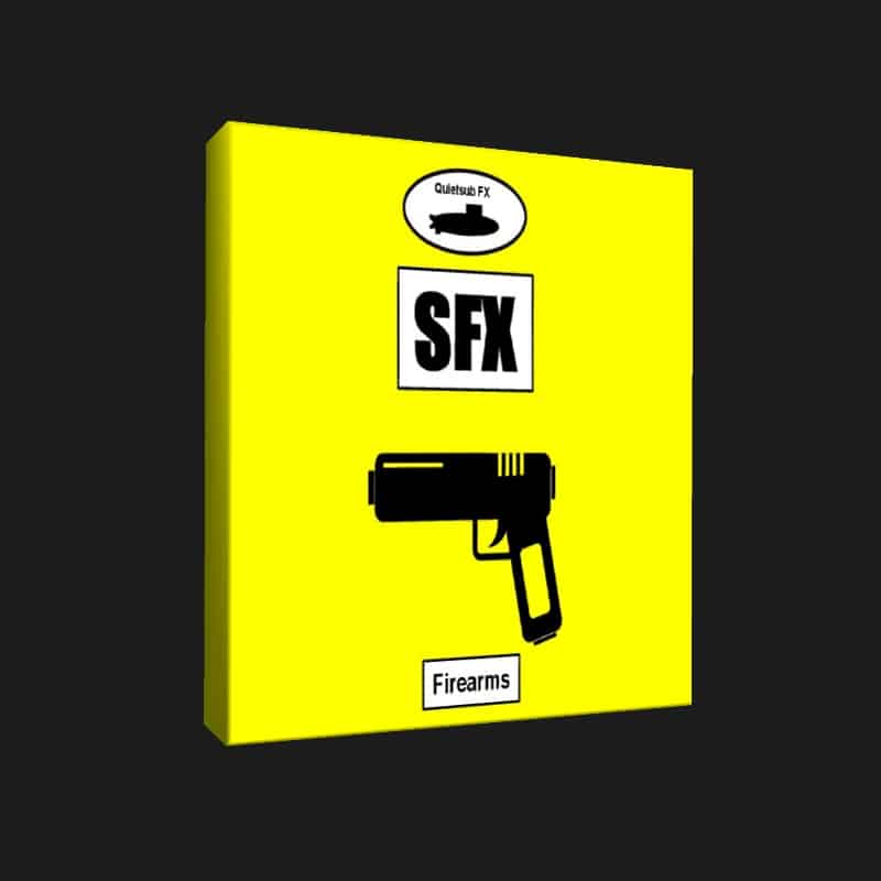 A yellow box labeled "SFX" with gun icon, titled "Gunshots FX Firearms" sfx library for Sonniss sound effects searches.