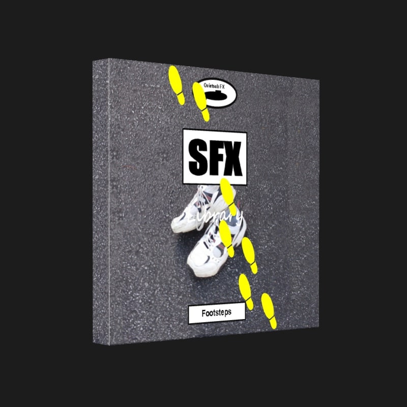 A box labeled "SFX" with sneakers and yellow footprints, showcasing a footsteps sound effects library on Sonniss.