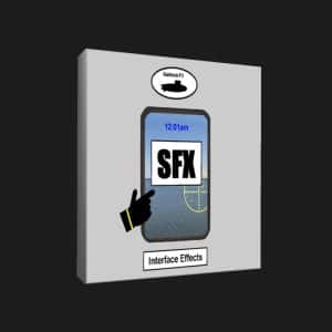A graphic of a hand pressing an "SFX" screen at 12:01am, showing a sound effects library on Sonniss for interface effects.