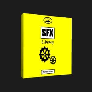 A yellow box labeled "SFX Library" with two black gear icons—mechanical parts sound effects library on Sonniss.