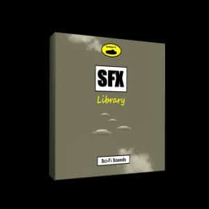 A gray box for a sci-fi sound effects library on Sonniss, showing flying saucers and clouds, labeled "SFX Library".