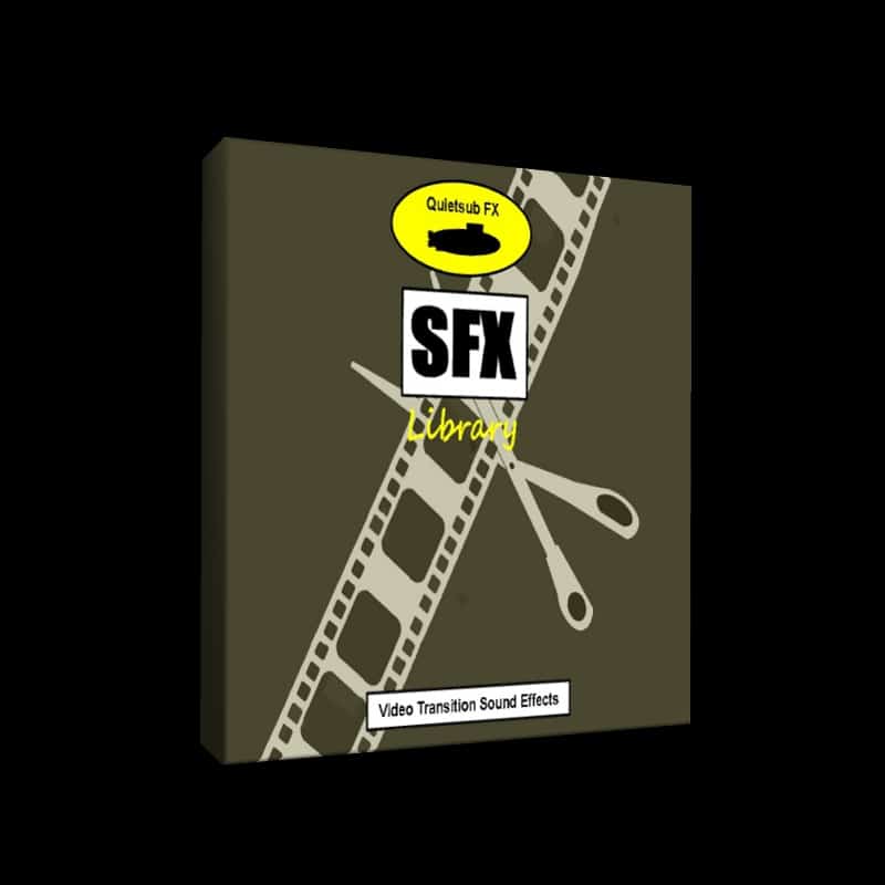 A box labeled "SFX Library" on Sonniss shows filmstrip, scissors, and "Video Transition Sound Effects" by Quietsub FX.