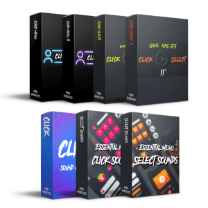 A sound effects library on Sonniss with six box packages for menus and RPGs, like "Click Menu" and "Game RPG SFX".