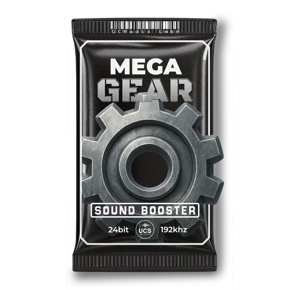 A "MEGA GEAR" black package, large gear graphic, shown as a sound effects library on Sonniss. "Sound Booster," "24bit," "UCS," "192kHz.