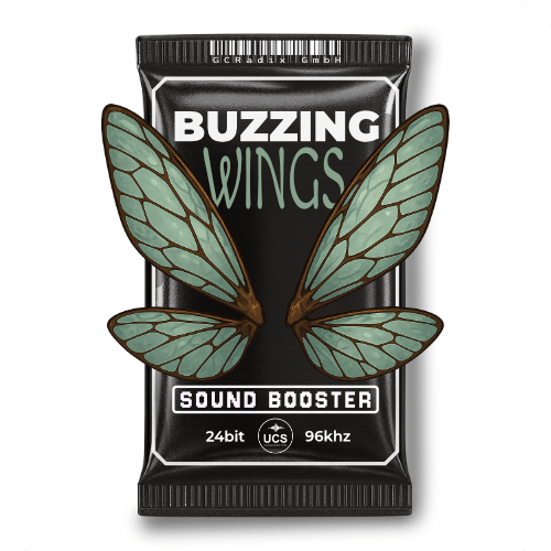 A black package for "Buzzing Wings Sound Booster" sfx library on Sonniss, with green insect wings illustrated on front.