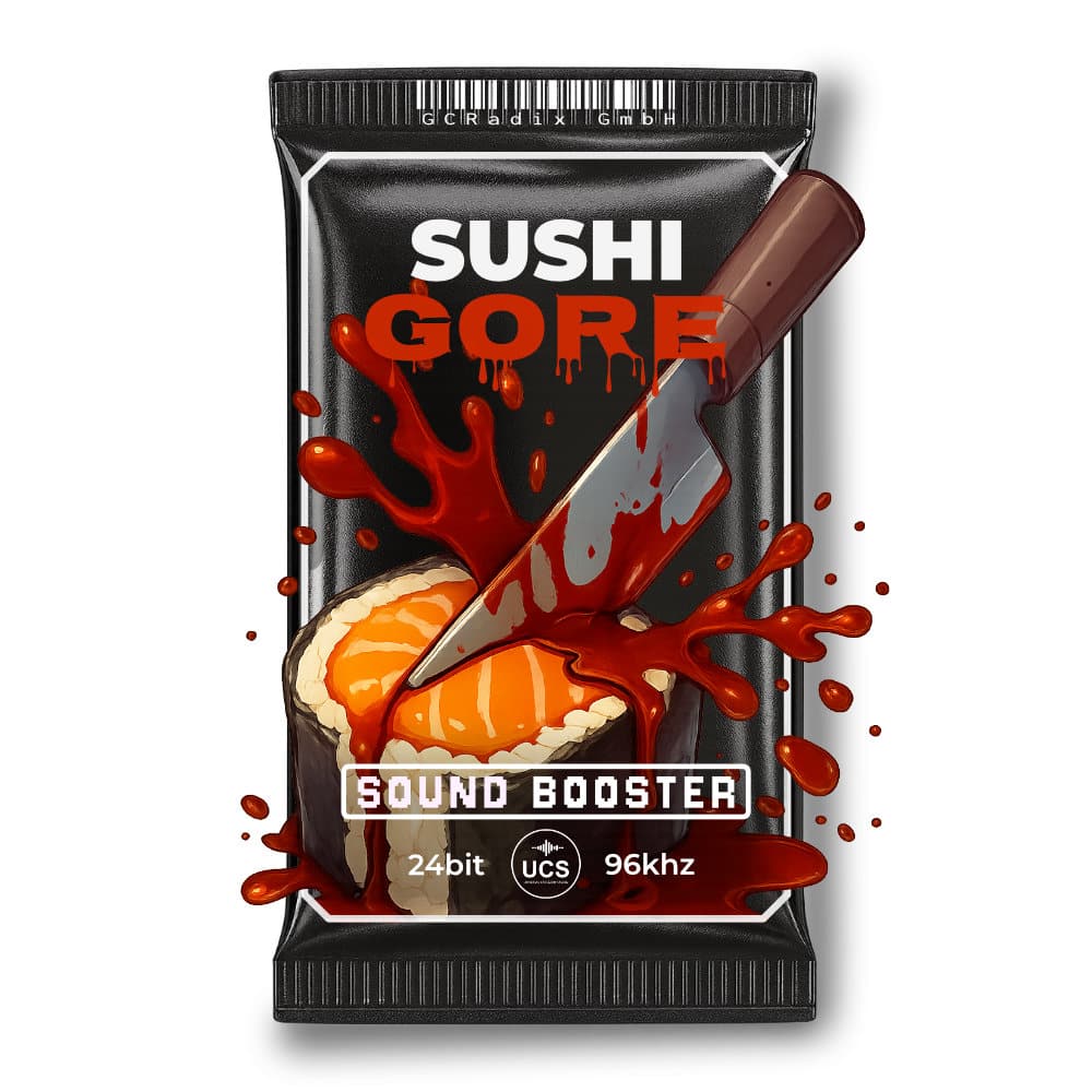A graphic sushi roll stabbed by a knife, blood-like sauce splatters, “SUSHI GORE.” SFX library for gory food sound effects on Sonniss.