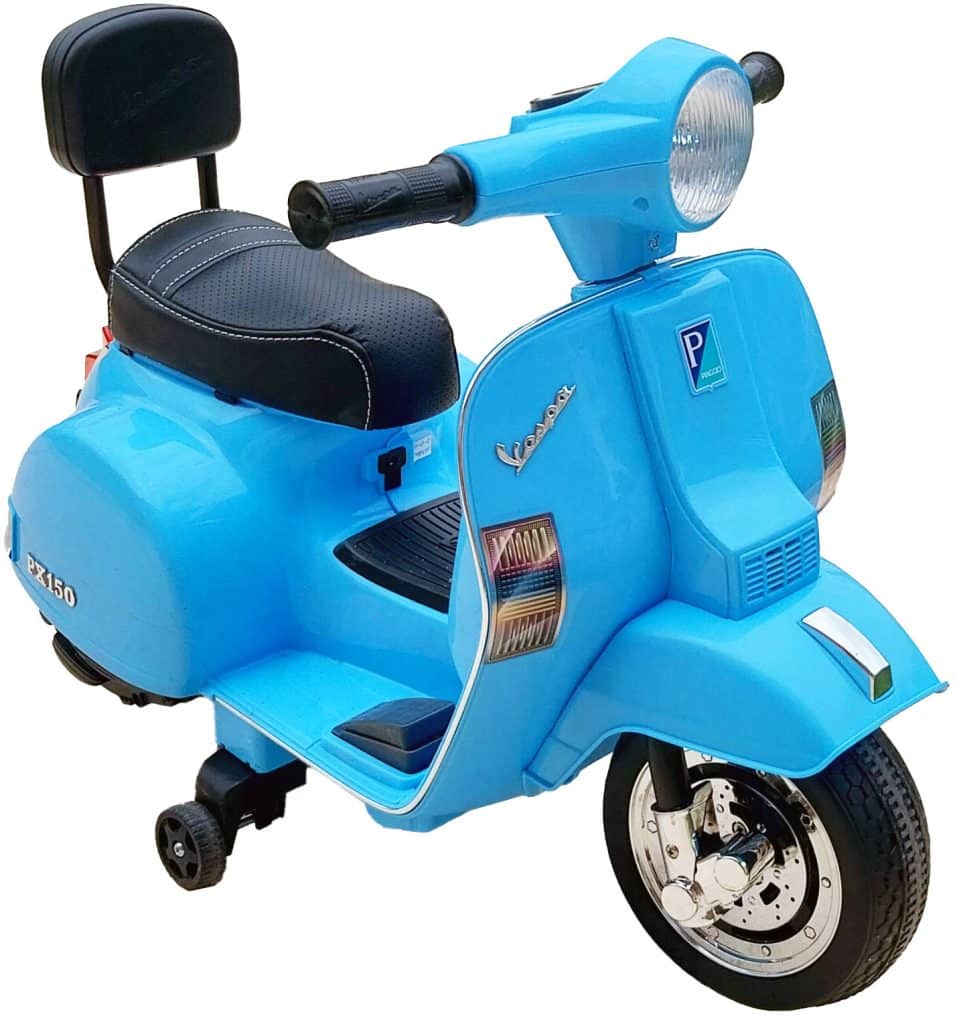 A blue Vespa PX150 kids' scooter with training wheels—perfect scooter sound effects for a sfx library on Sonniss.