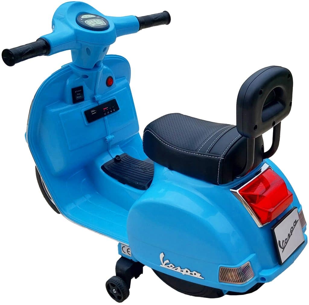 Children’s blue Vespa-style scooter with black seat and training wheels for toy scooter sound library on Sonniss.