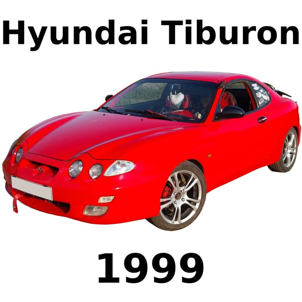 Image of a red 1999 Hyundai Tiburon for automobile sfx library on Sonniss, labeled with make, model, and year in bold text.