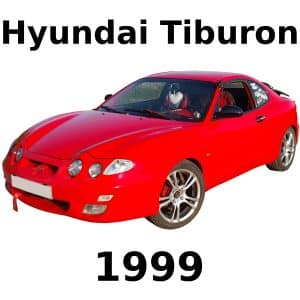 Image of a red 1999 Hyundai Tiburon for automobile sfx library on Sonniss, labeled with make, model, and year in bold text.