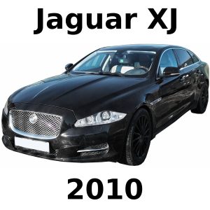 A black 2010 Jaguar XJ sedan, front left view, for car engine sfx library on Sonniss. Text reads "Jaguar XJ" and "2010.